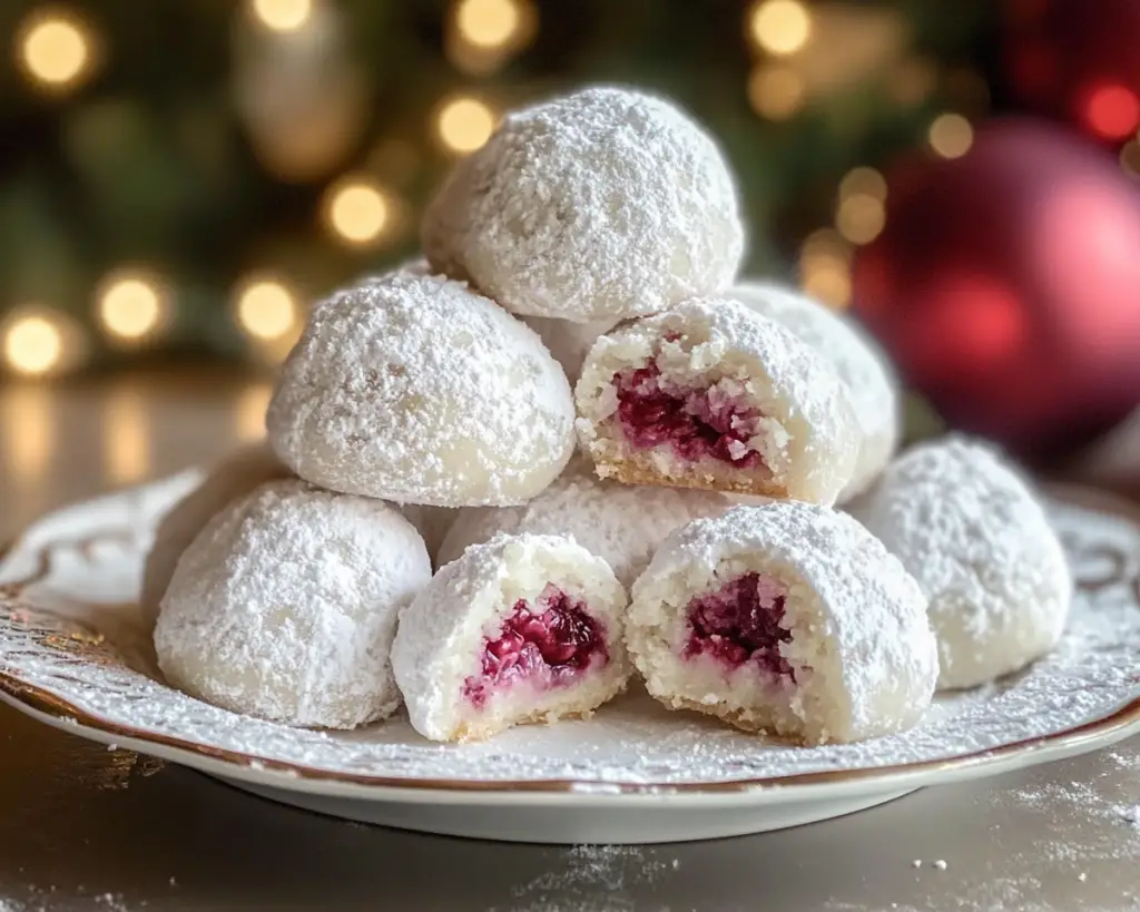 Raspberry Filled Almond Snowball Cookies – Easy Christmas Recipe