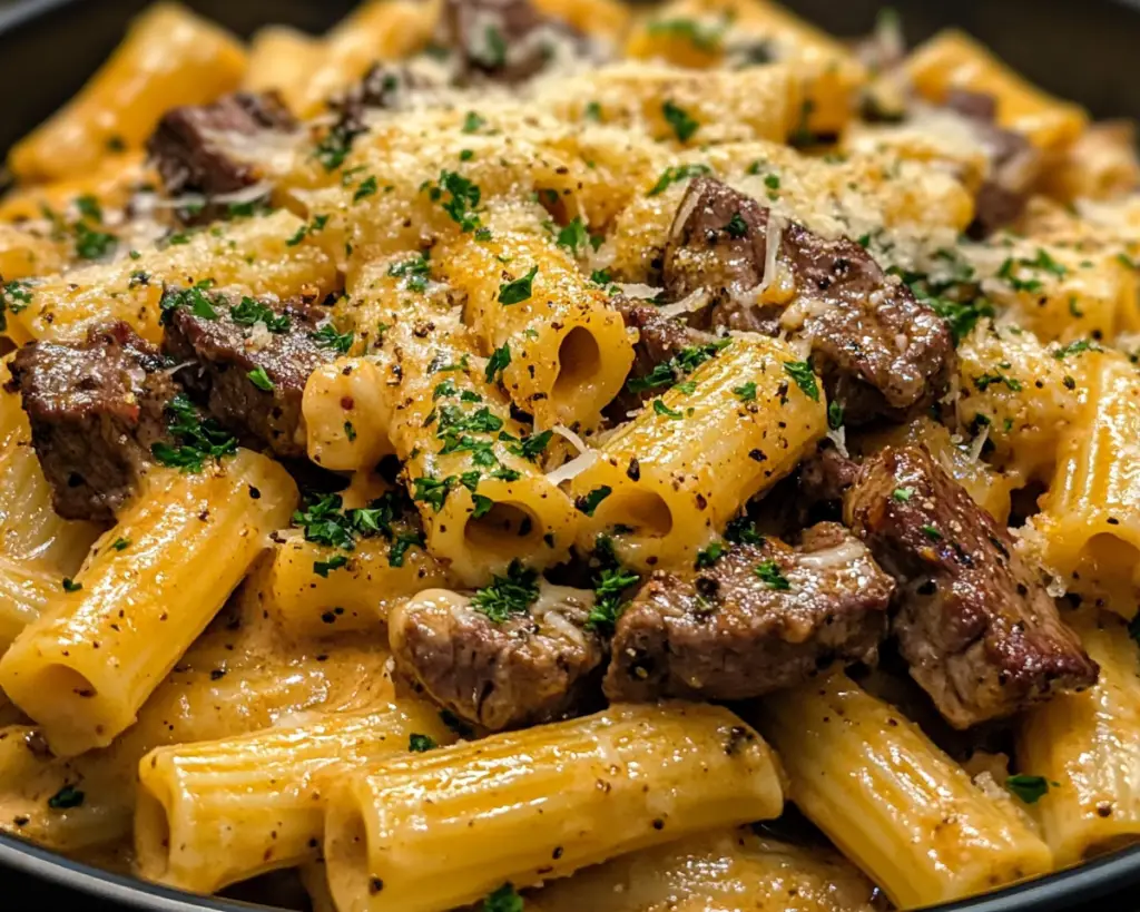 Cajun Steak Tips in Cheesy Rigatoni Parmesan Sauce