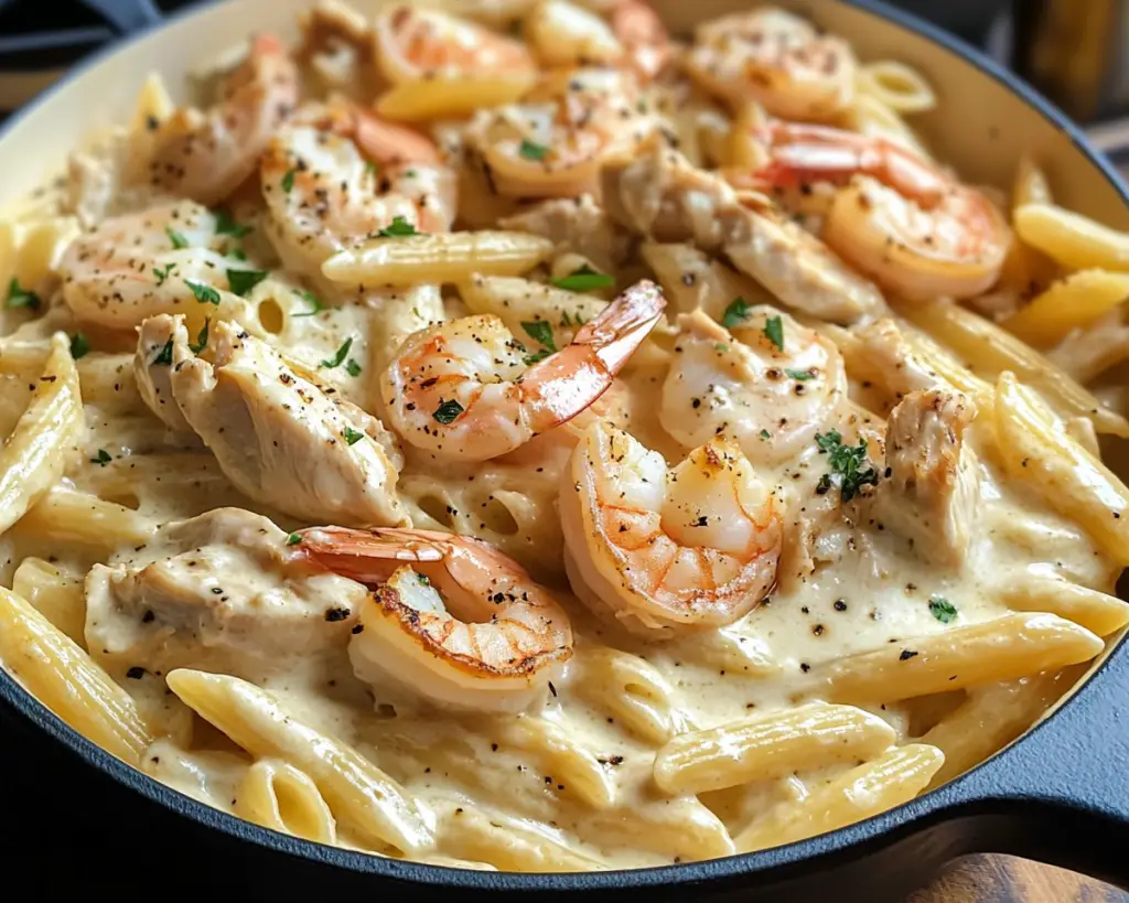 Creamy Chicken & Shrimp Alfredo Penne Recipe