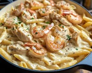 Creamy Chicken & Shrimp Alfredo Penne Recipe
