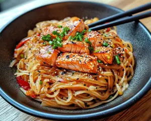 🍜 Sticky Sweet Spicy Asian Salmon Rice Noodles (Bold Flavor Dinner)
