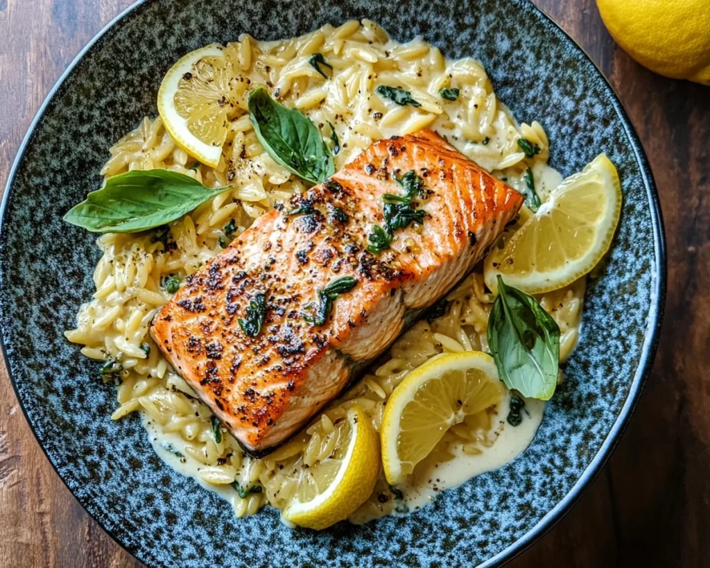 Creamy Lemony Orzo with Seared Salmon Recipe