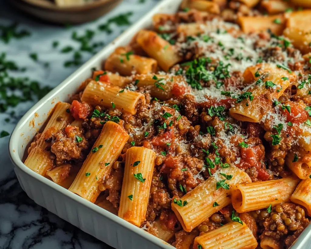 Vegan Baked Rigatoni with Lentil Meat Sauce (Plant-Based Comfort)