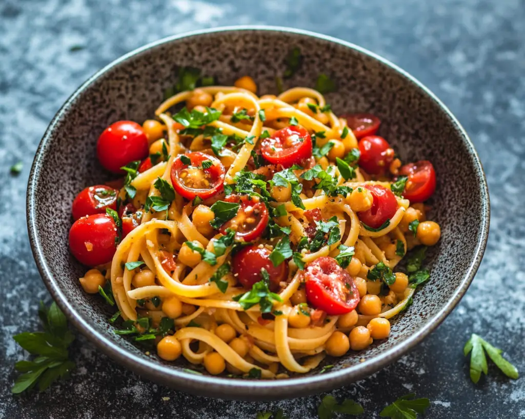 Mediterranean Chickpea Pasta with Tomatoes