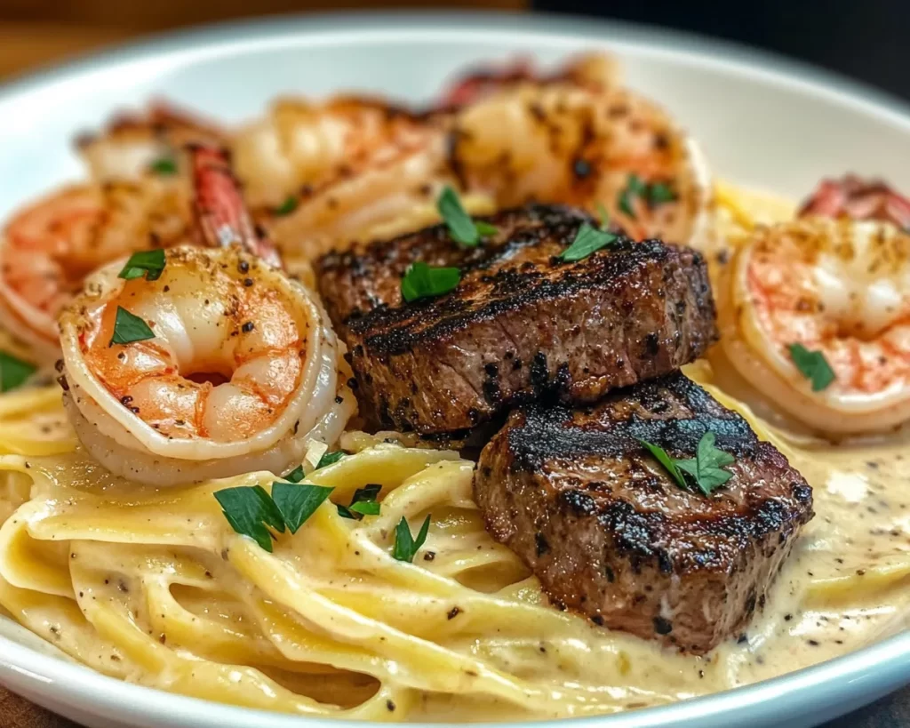 Creamy Blackened Steak Shrimp Alfredo Recipe