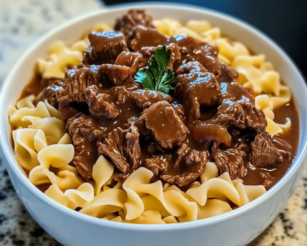 Comforting Easy Crockpot Beef Tips & Noodles
