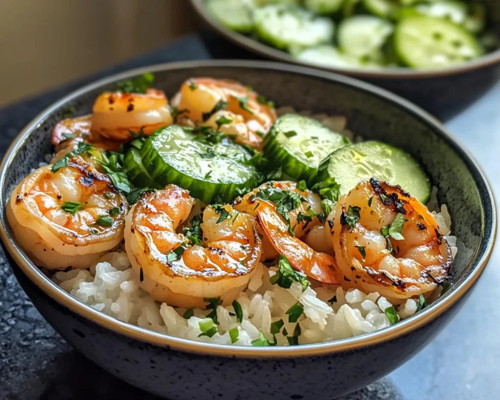 Spring Dinner Ideas: Shrimp Rice Bowls with Cucumber Salad