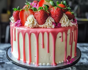Spring Birthday Cake: Strawberry Vanilla Drip Cake