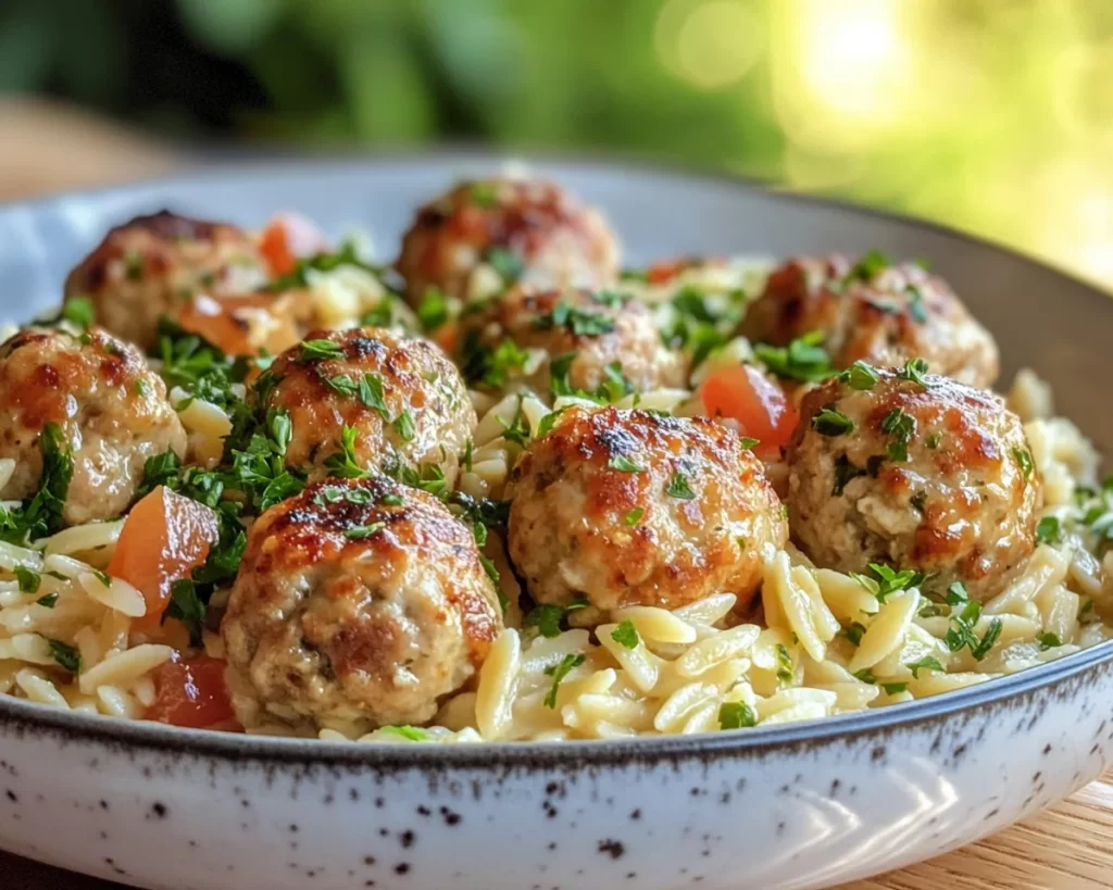 Delicious Greek Chicken Meatballs Served with Zesty Lemon Orzo for a Perfect Meal