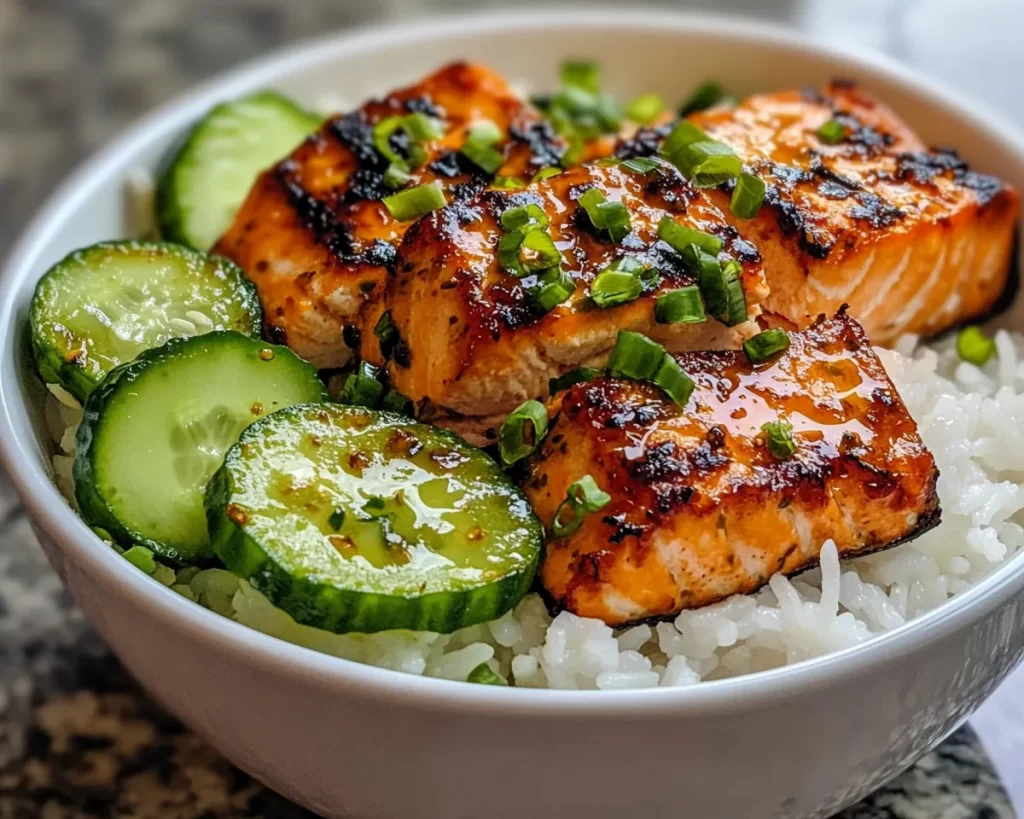 Dinner Ideas: Honey Garlic Salmon Bowl With Cucumber and Rice in 25 Minutes