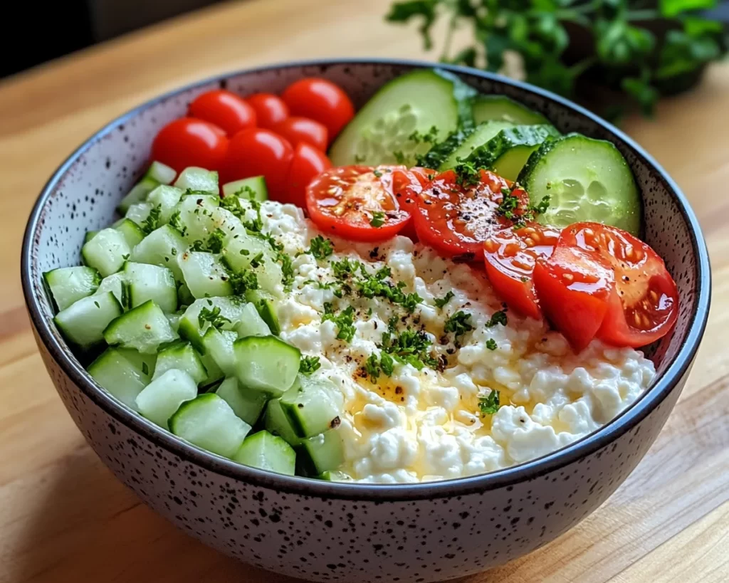 Breakfast Ideas: Savory Cottage Cheese Bowl With Tomatoes and Cucumber in 5 Minutes