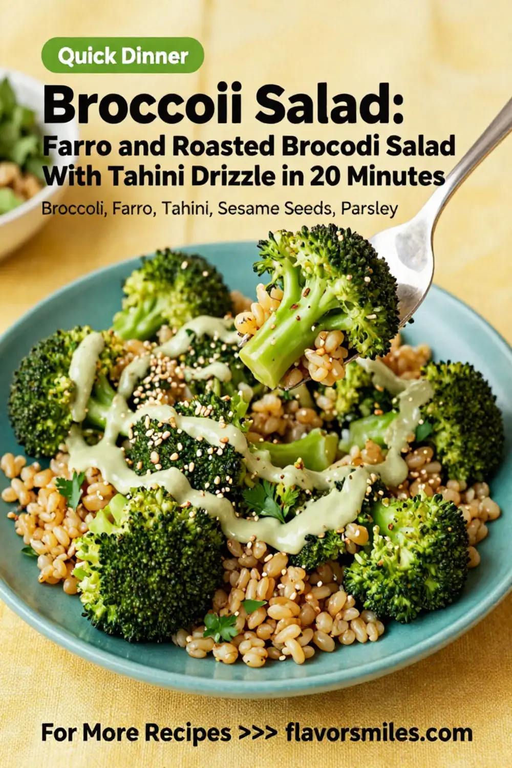 Broccoli Salad: Farro and Roasted Broccoli Salad With Tahini Drizzle in 20 Minutes