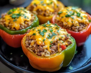 Ground Beef Recipes: Cheesy Beef and Rice Stuffed Bell Peppers in 30 Minutes