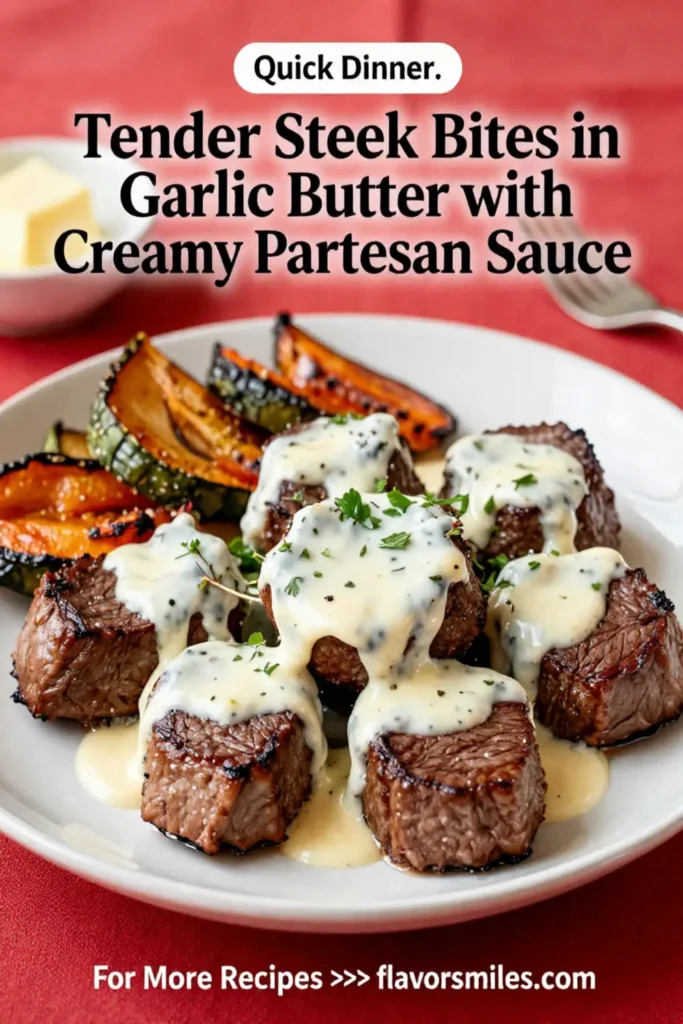 Tender Steak Bites in Garlic Butter with Creamy Parmesan Sauce