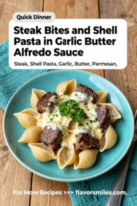 Steak Bites and Shell Pasta in Garlic Butter Alfredo Sauce