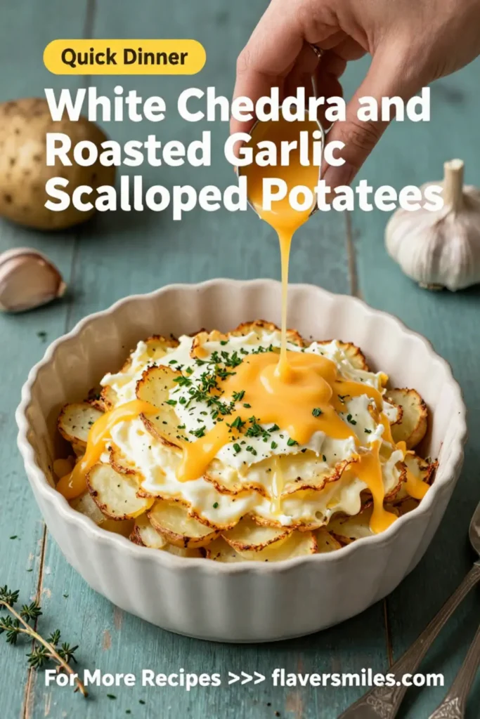 Scalloped Potatoes: White Cheddar and Roasted Garlic Scalloped Potatoes in 40 Minutes