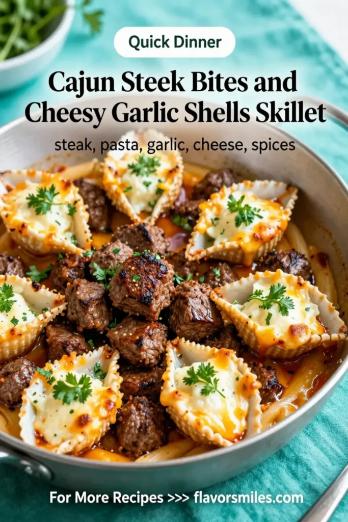 Cajun Steak Bites and Cheesy Garlic Shells Skillet