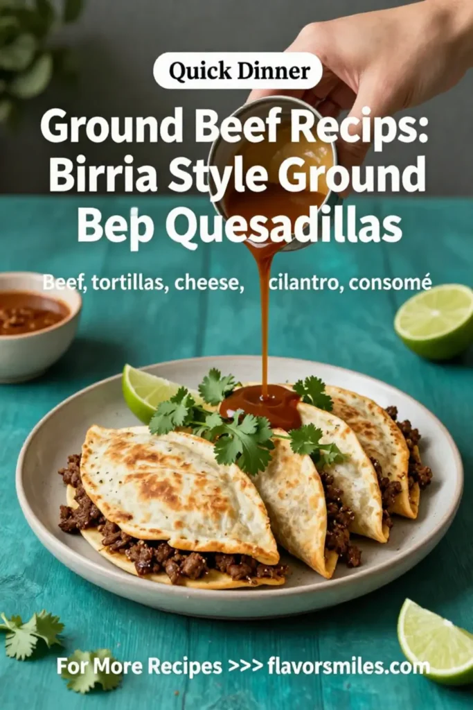 Ground Beef Recipes: Birria Style Ground Beef Quesadillas With Consomé in 25 Minutes