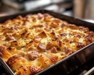 Breakfast Casserole: Ham Swiss and Croissant Overnight Breakfast Casserole in 10 Minutes Prep