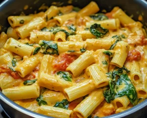 Pasta Recipes: One Pot Creamy Spinach and Tomato Rigatoni in 20 Minutes