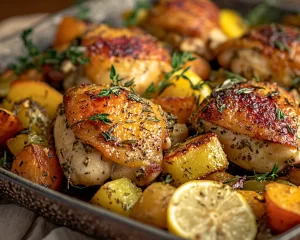 Dinner Ideas: Lemon Herb Roasted Chicken Thighs and Vegetables in 30 Minutes