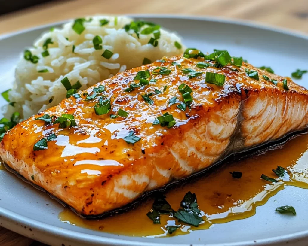Salmon: Honey Garlic Glazed Salmon With Steamed Rice in 20 Minutes