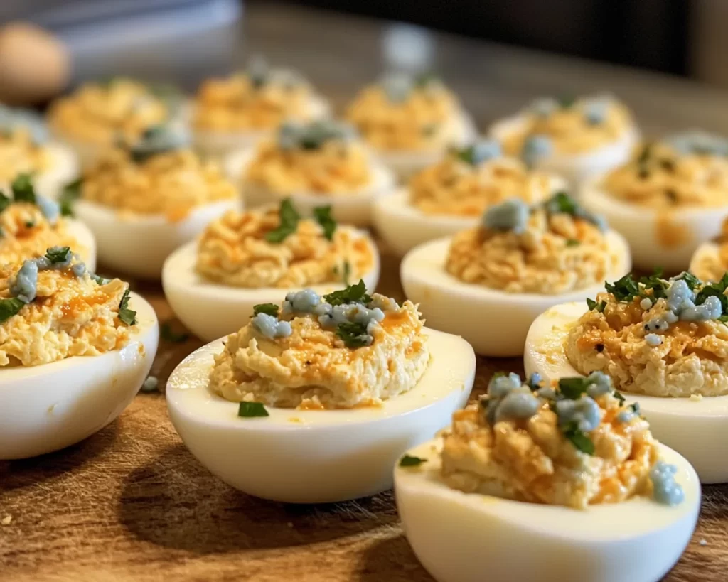 Deviled Eggs: Buffalo Chicken Deviled Eggs With Blue Cheese Crumble in 25 Minutes