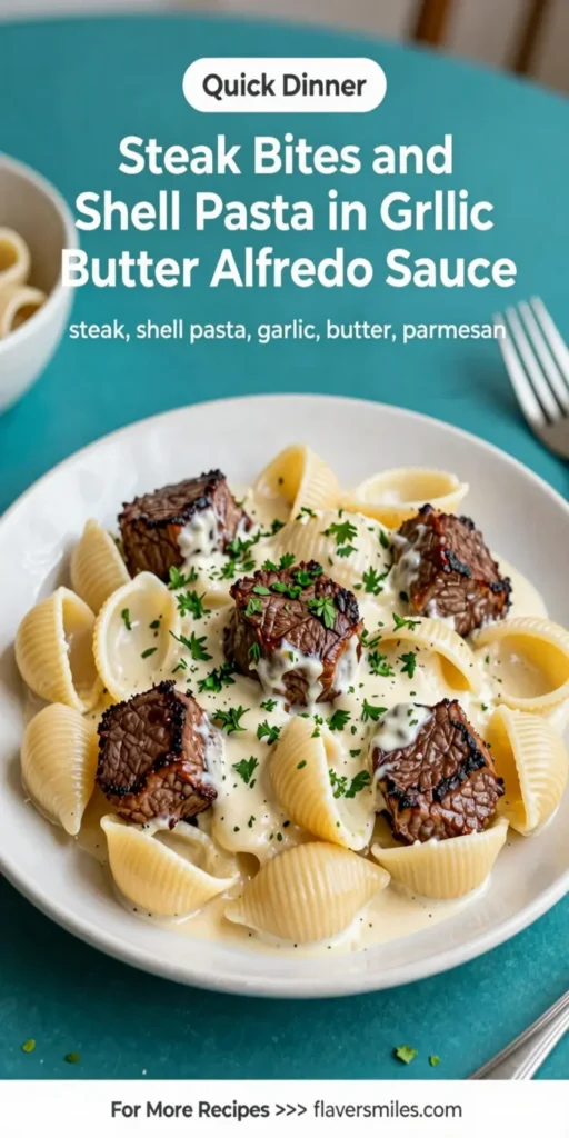 Steak Bites and Shell Pasta in Garlic Butter Alfredo Sauce