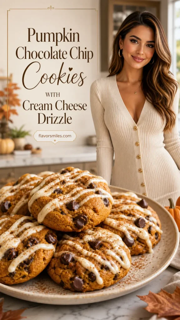 Pumpkin Chocolate Chip Cookies with Cream Cheese Drizzle