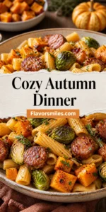 Cozy Autumn Dinner with Sausage, Pasta, Brussels Sprouts, and Butternut Squash