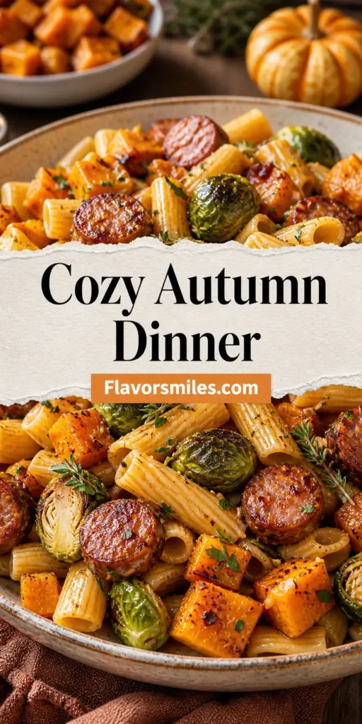 Cozy Autumn Dinner with Sausage, Pasta, Brussels Sprouts, and Butternut Squash