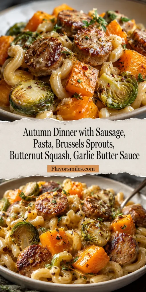 Autumn Dinner with Sausage, Pasta, Brussels Sprouts, Butternut Squash, Garlic Butter Sauce