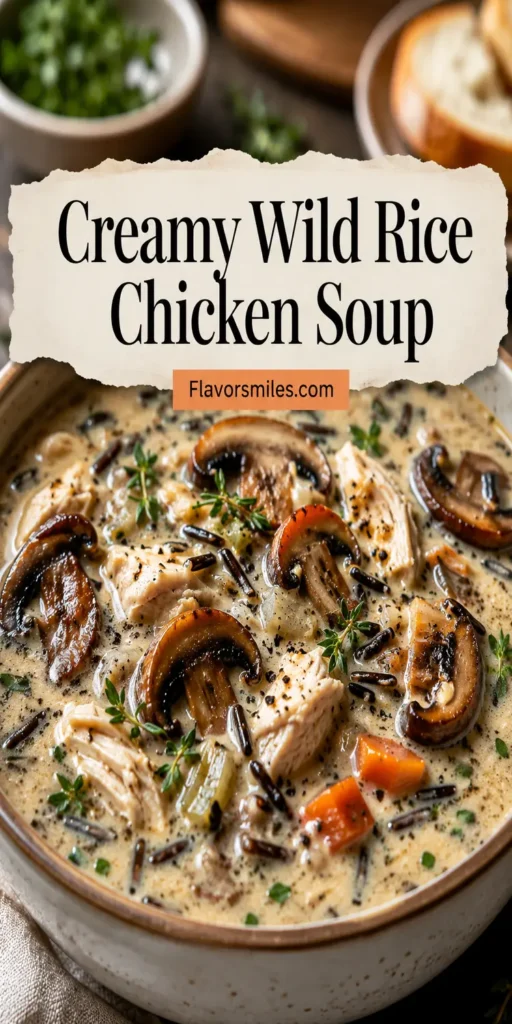 Creamy Wild Rice Chicken Soup with Roasted Mushrooms.