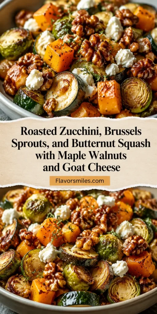 Roasted Zucchini, Brussels Sprouts, and Butternut Squash with Maple Walnuts and Goat Cheese